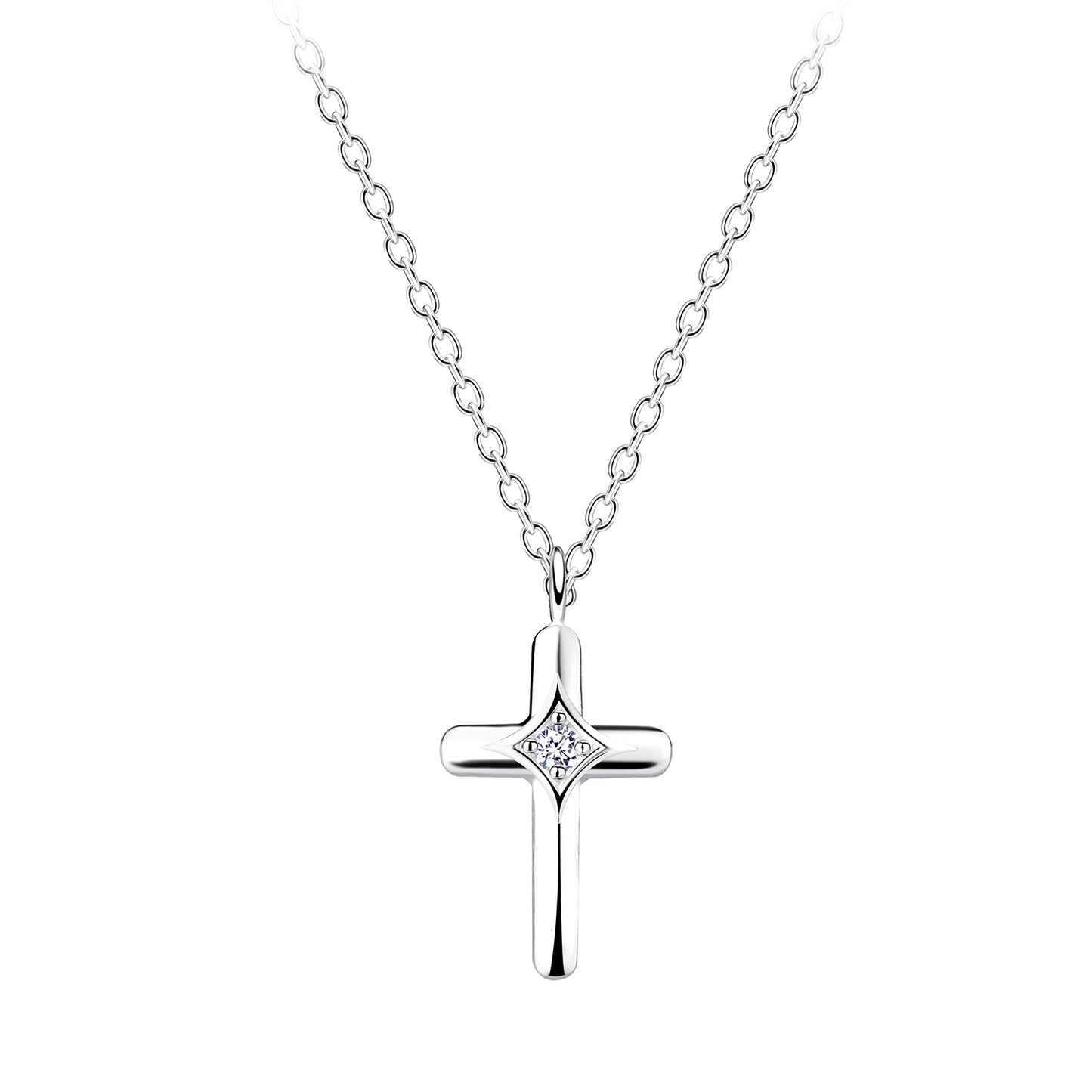 Sterling Silver Cross Necklace With Cubic Zirconia (*)