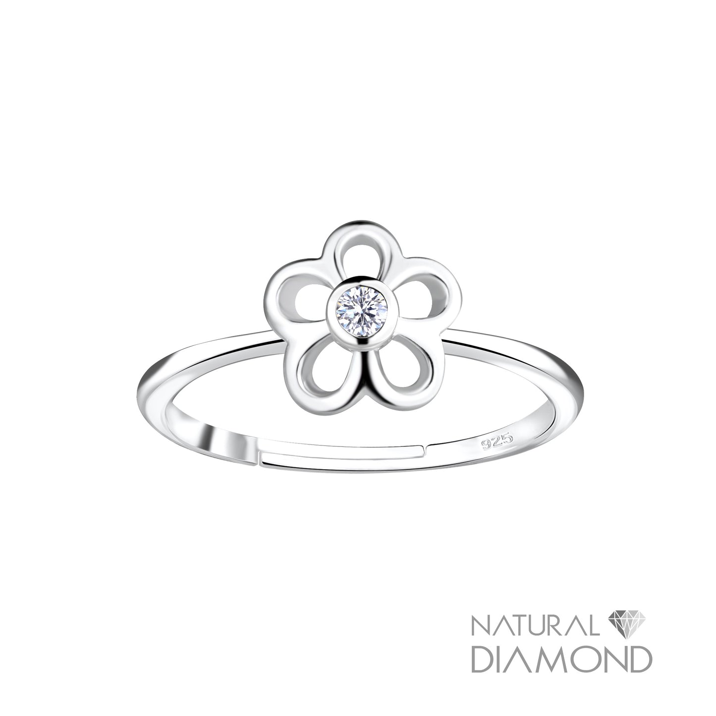 Adjustable Sterling Silver Flower Ring With Natural Diamond (Size 6-8,M-Q)