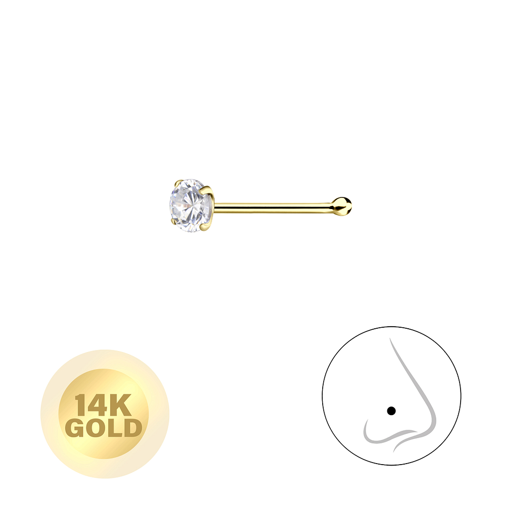 14ct Solid Gold 2.5mm Round Cubic Zirconia Nose Stud With Ball.